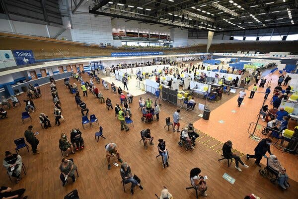 A mass Pfizer-BioNTech vaccination clinic set up at the Derby Arena in England last month.